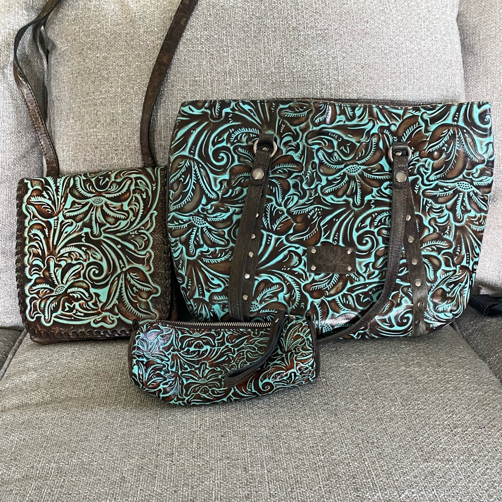Patricia Nash Teal Brown Purse, Crossbody, and Small Clutch EUC